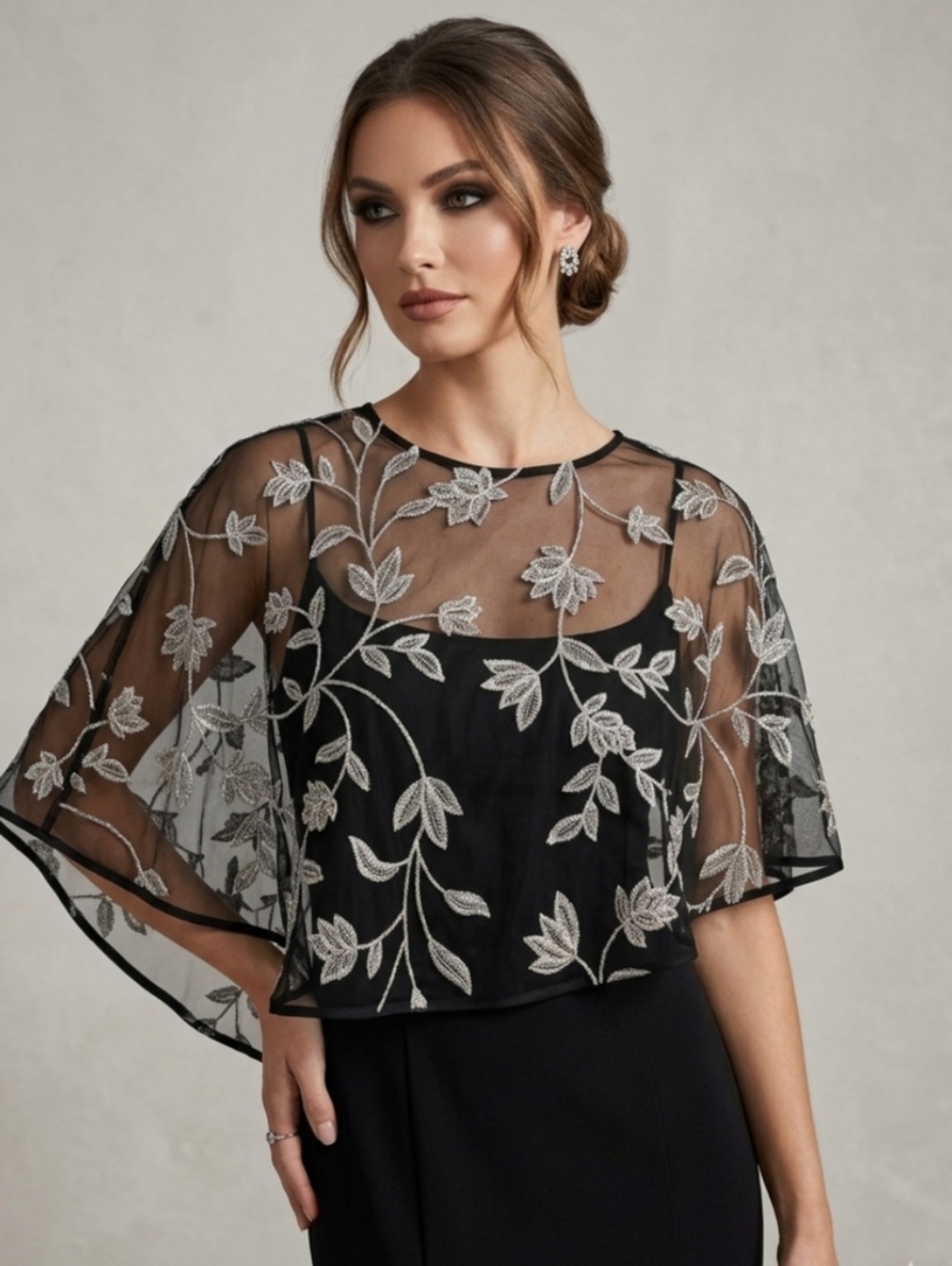 Capelet-Style Shawl. Retro Style. Embroidered with Silver Thread . One Size